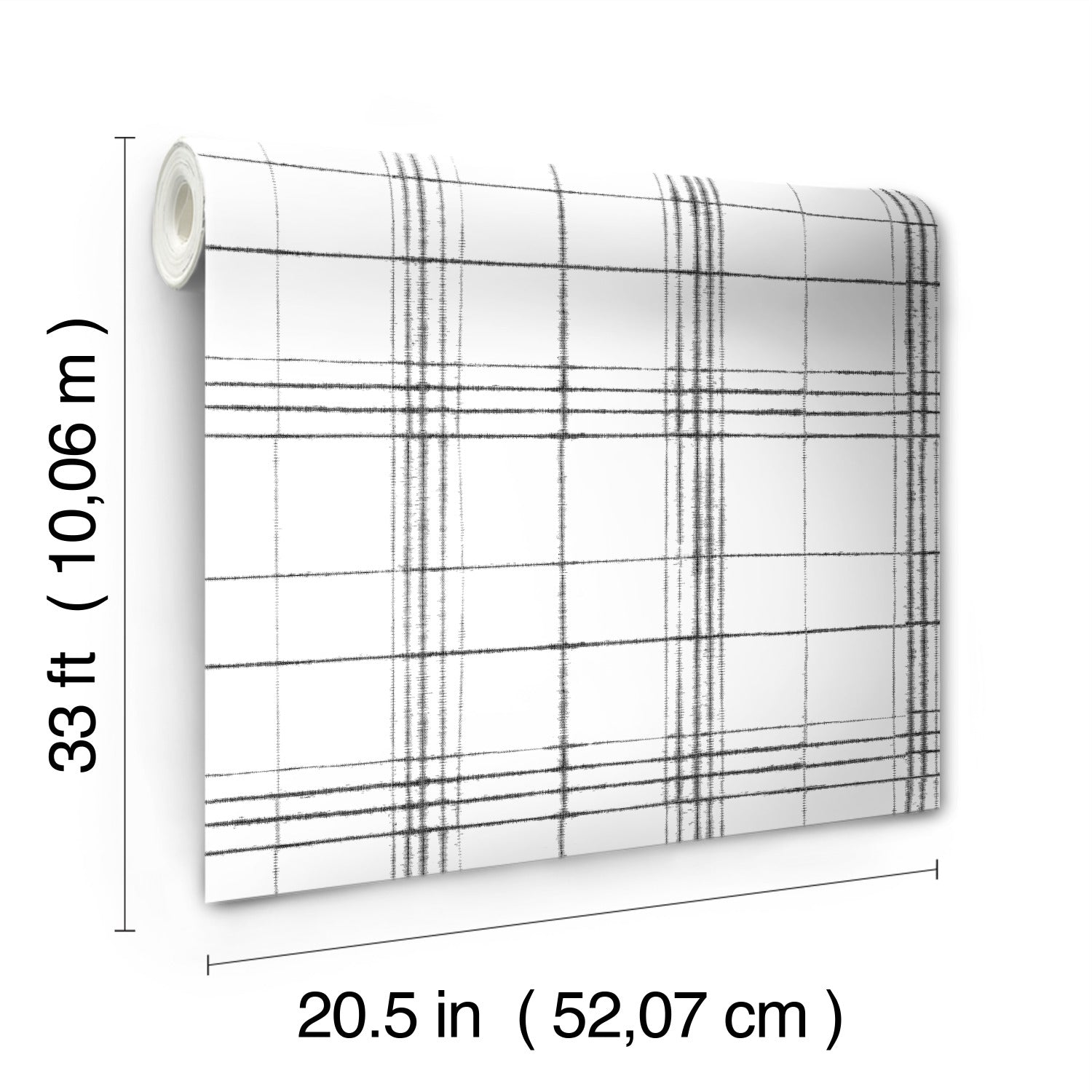 Beige and neutral wallpaper roll with black and white plaid pattern; farmhouse style decor, 33 ft long and 20.5 in wide.