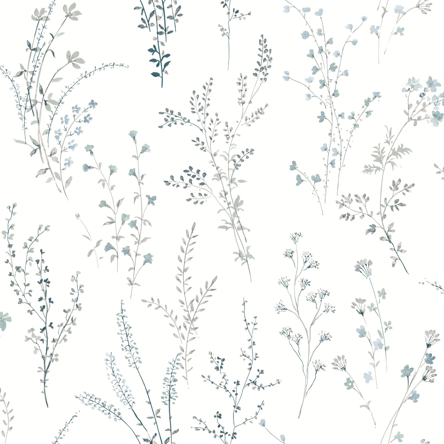 York Wallcoverings Black and White, III Wildflower Sprigs Blue and Green Wallpaper  Bohemian Blues   - FH4027