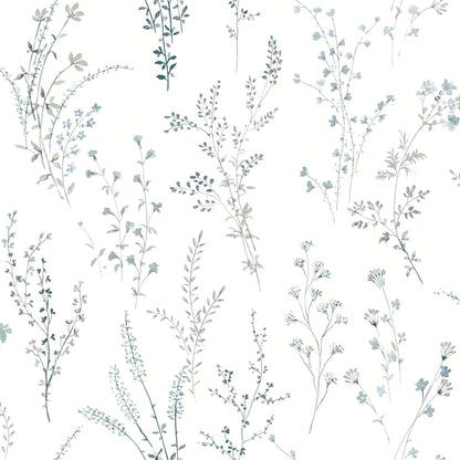 York Wallcoverings Black and White, III Wildflower Sprigs Blue and Green Wallpaper  Bohemian Blues   - FH4027