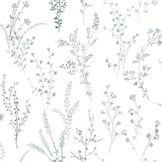 York Wallcoverings Black and White, III Wildflower Sprigs Blue and Green Wallpaper  Bohemian Blues   - FH4027