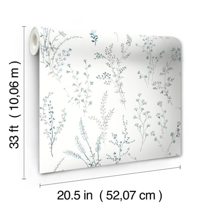 York Wallcoverings Black and White, III Wildflower Sprigs Blue and Green Wallpaper  Bohemian Blues   - FH4027