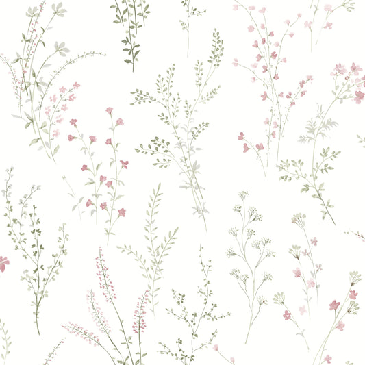 York Wallcoverings Earthy Tones Wildflower Sprigs Pink and Green Wallpaper  Bohemian Greens   - FH4028