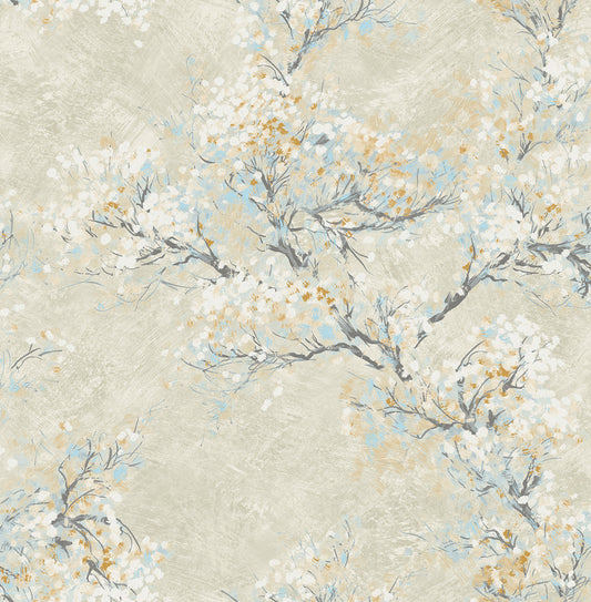 Seabrook Designs  Cherry Blossoms Floral Contemporary Metallic Champagne, White, , Sky Blue   - FI71105