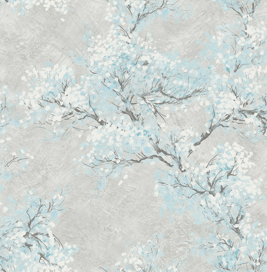 Seabrook Designs  Cherry Blossoms Floral Contemporary Metallic Silver , Sky Blue   - FI71108