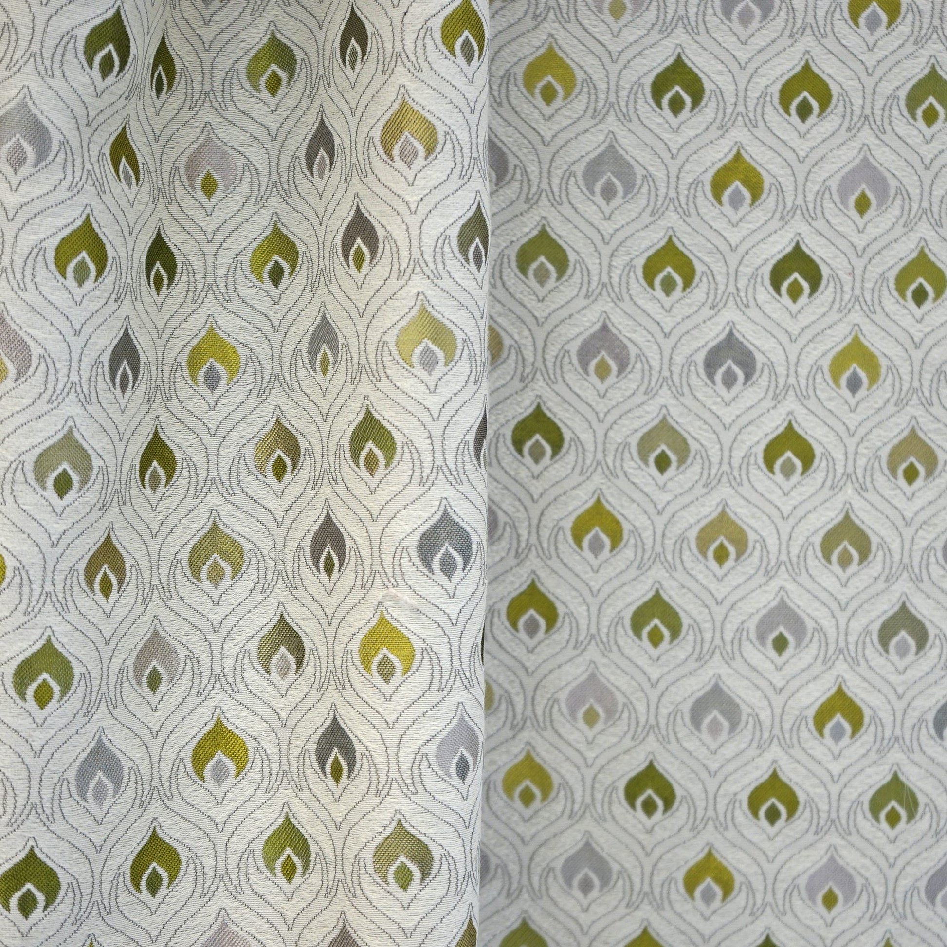 Cream background fabric with repeating flame-teardrop motifs in green and olive, with gray and mustard accents; versatile upholstery or drapery textile.