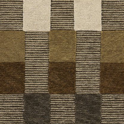 Brown and tan checkered woven rug with solid and striped squares in a tile-like checker pattern.
