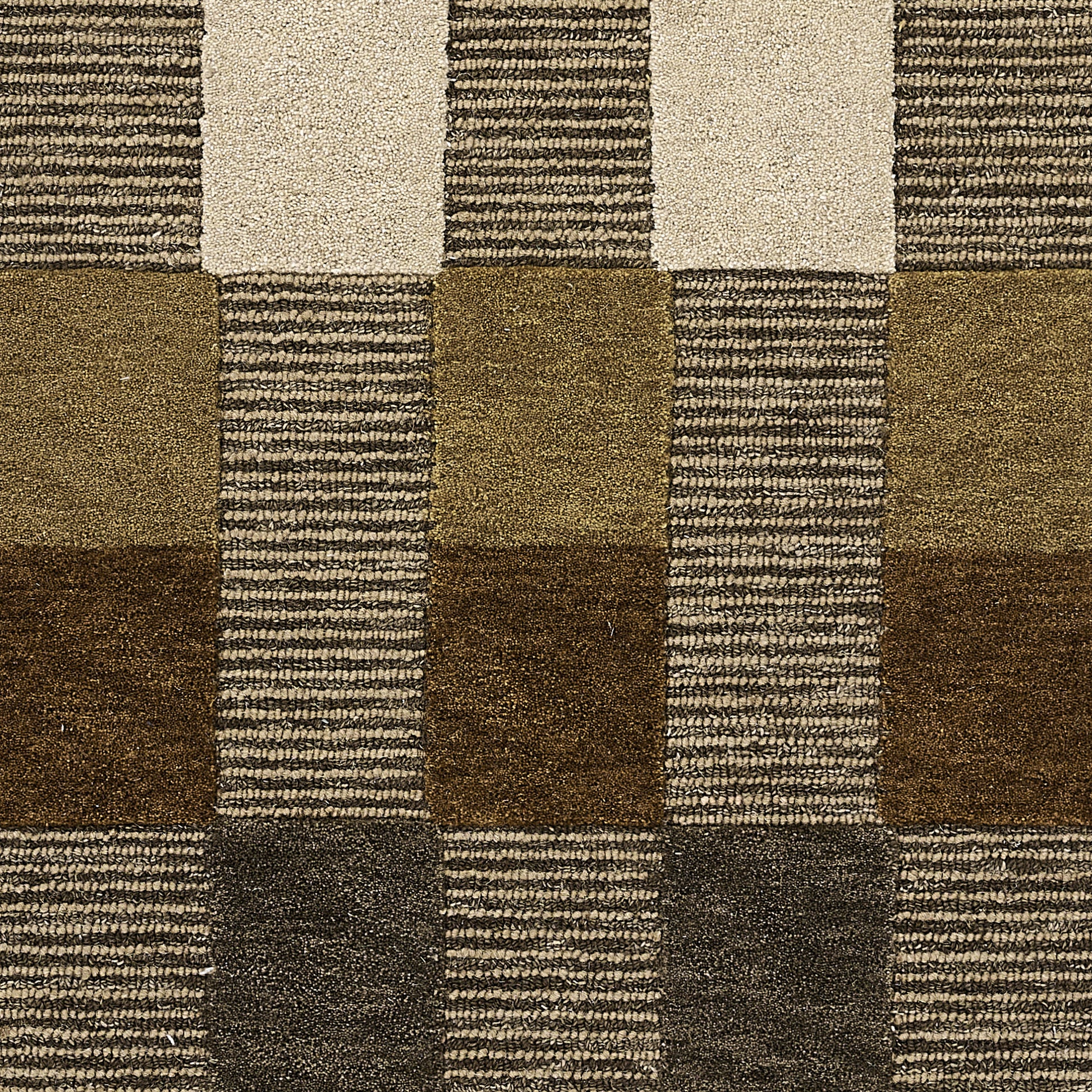 Brown and tan checkerboard rug with textured striped squares, 8' x 10'.