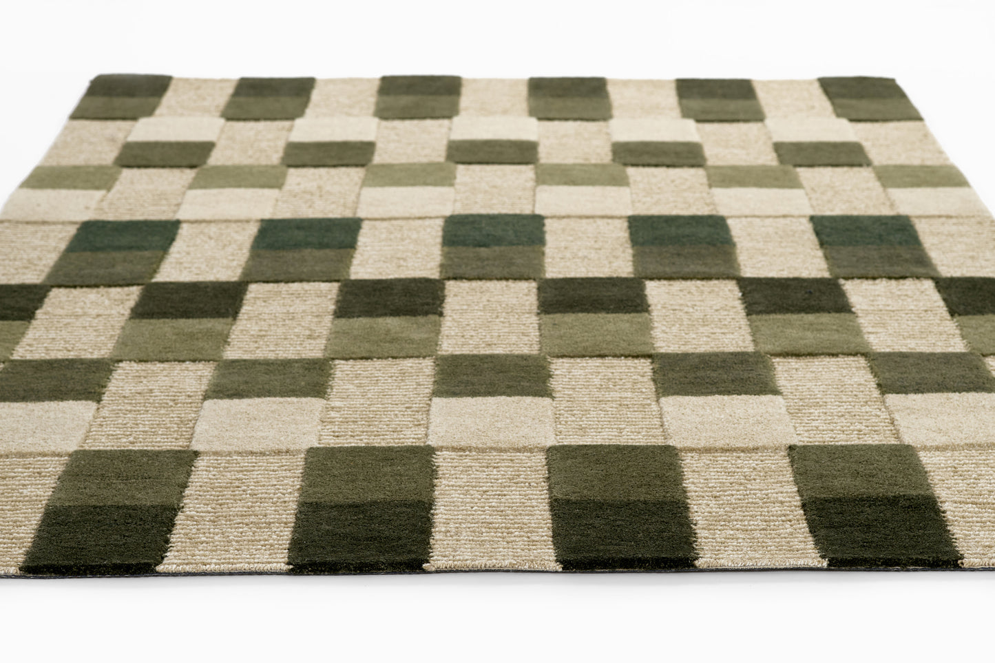 Rectangular rug with olive green and beige checkerboard squares; plush shag pile, modern geometric style for living spaces.