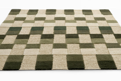 Rectangular rug with olive green and beige checkerboard squares; plush shag pile, modern geometric style for living spaces.