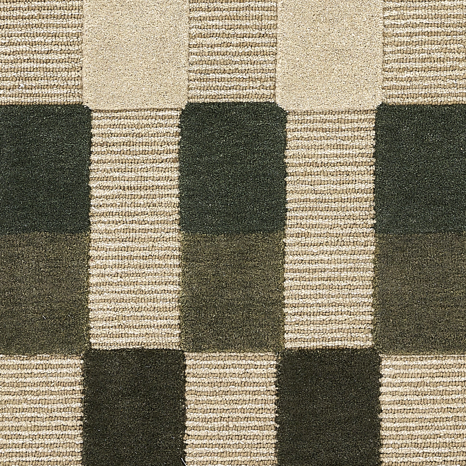 Geometric checkered rug with beige and dark green blocks, woven texture, modern rectangular grid for living spaces