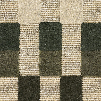 Beige and charcoal checkerboard woven rug with chunky textured blocks, modern geometric design