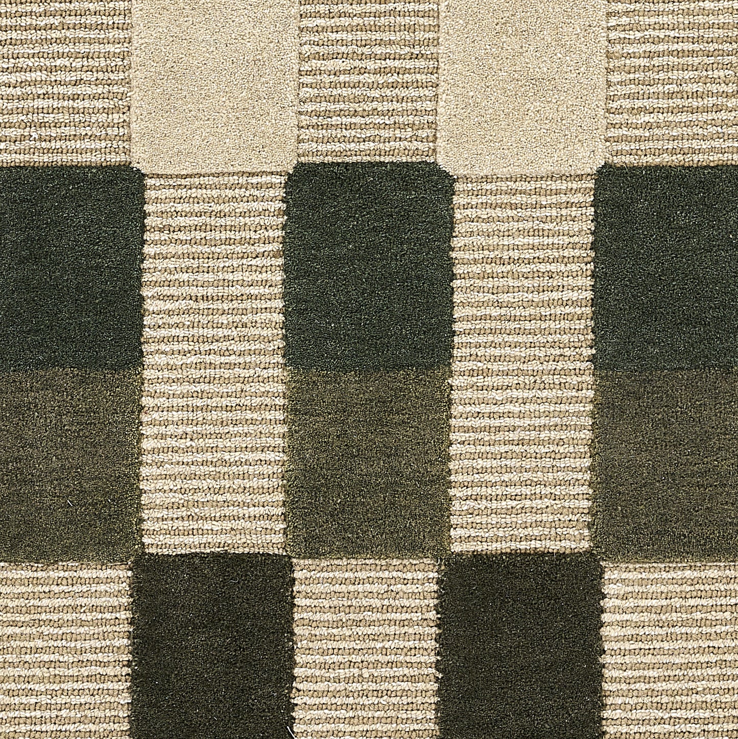 Beige and dark brown checkerboard woven rug with textured blocks.