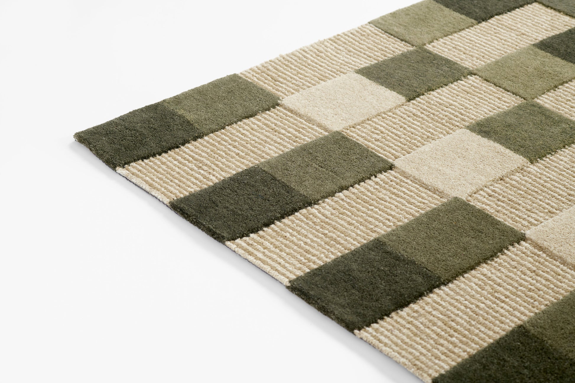 Olive green & beige checkered runner rug with chunky woven texture.