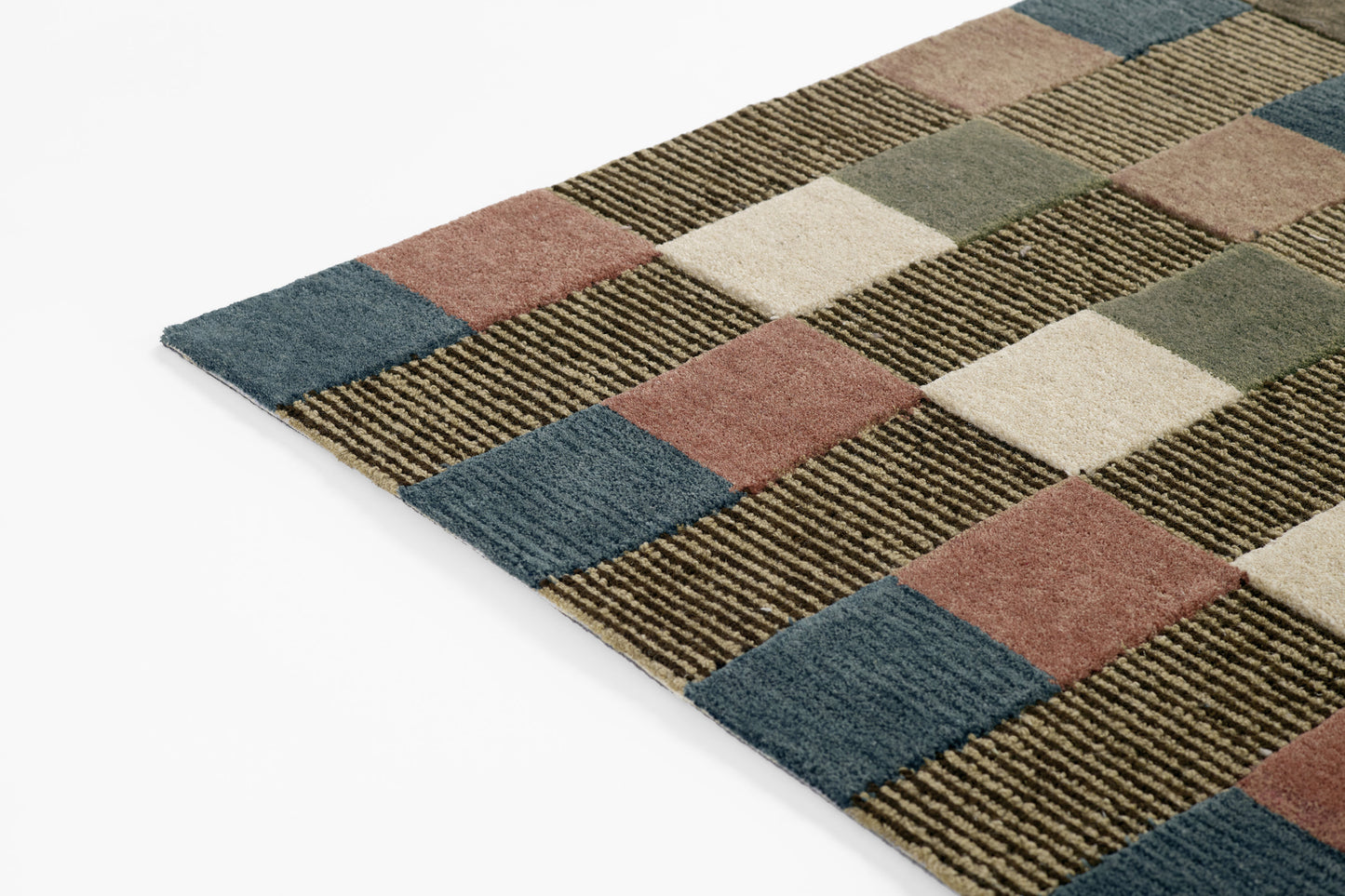 Rectangular multicolor checkered rug runner (2' x 8') with blue, teal, brown, cream and olive squares; plush pile, modern style.