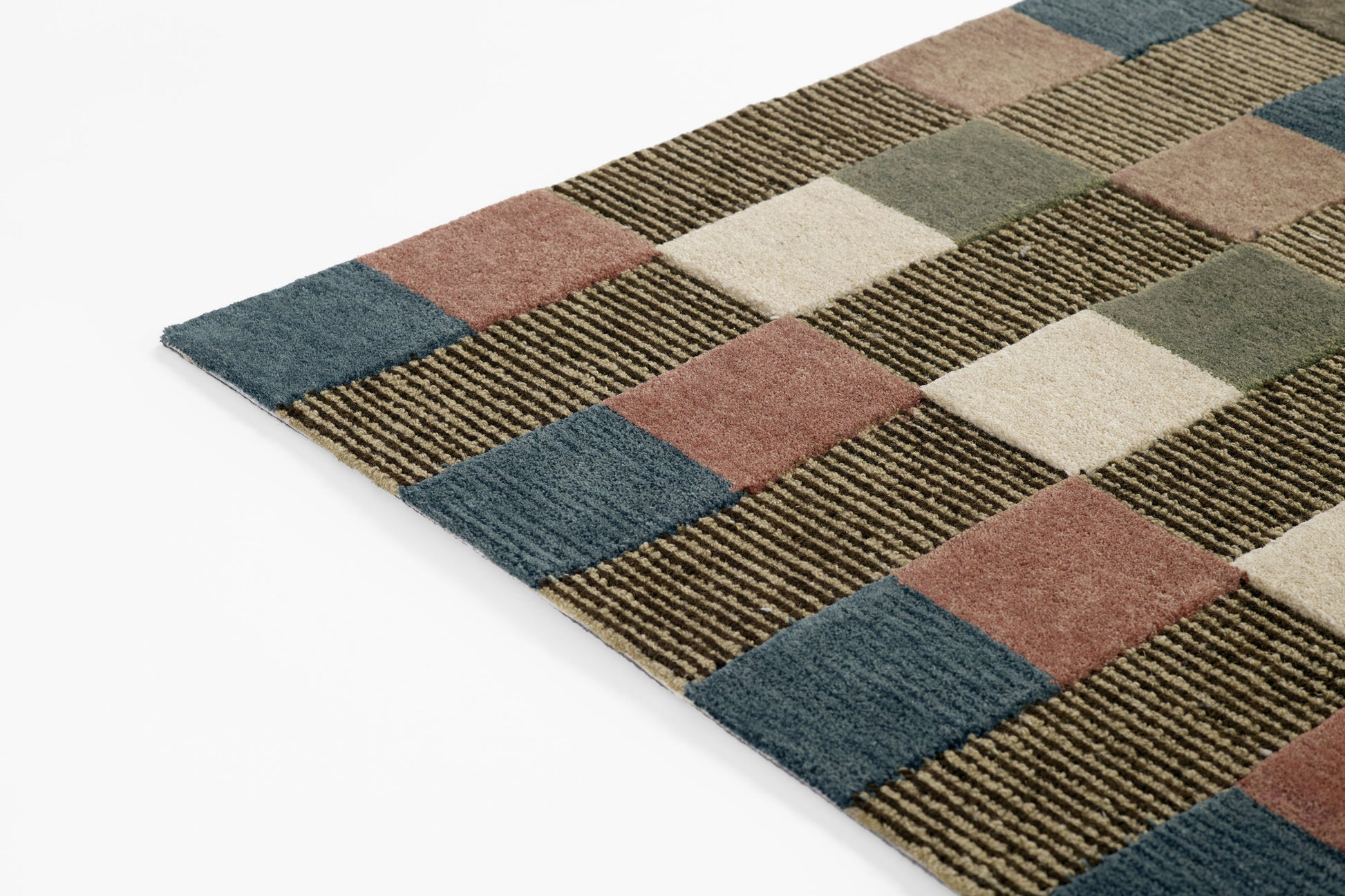 Rectangular multicolor checkered rug runner (2' x 8') with blue, teal, brown, cream and olive squares; plush pile, modern style.
