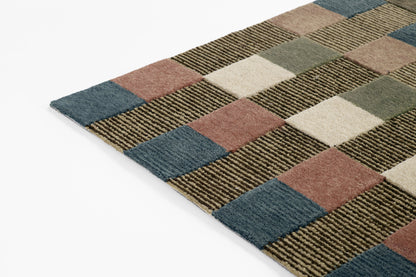 Rectangular multicolor checkered rug runner (2' x 8') with blue, teal, brown, cream and olive squares; plush pile, modern style.