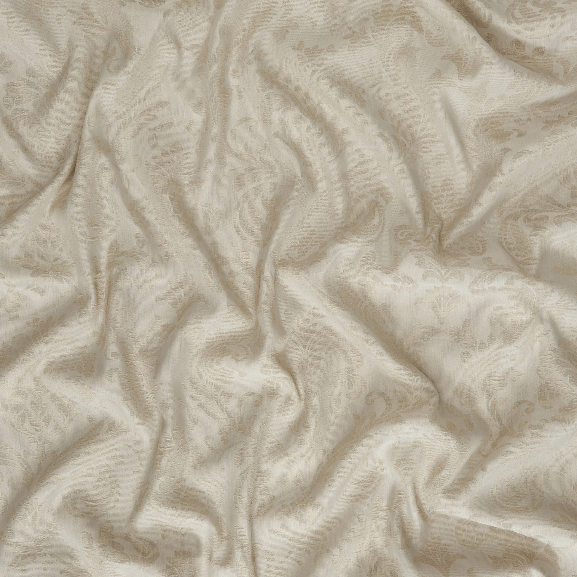 Cream-beige damask fabric with subtle floral scroll pattern, jacquard weave, sheer and soft sheen.