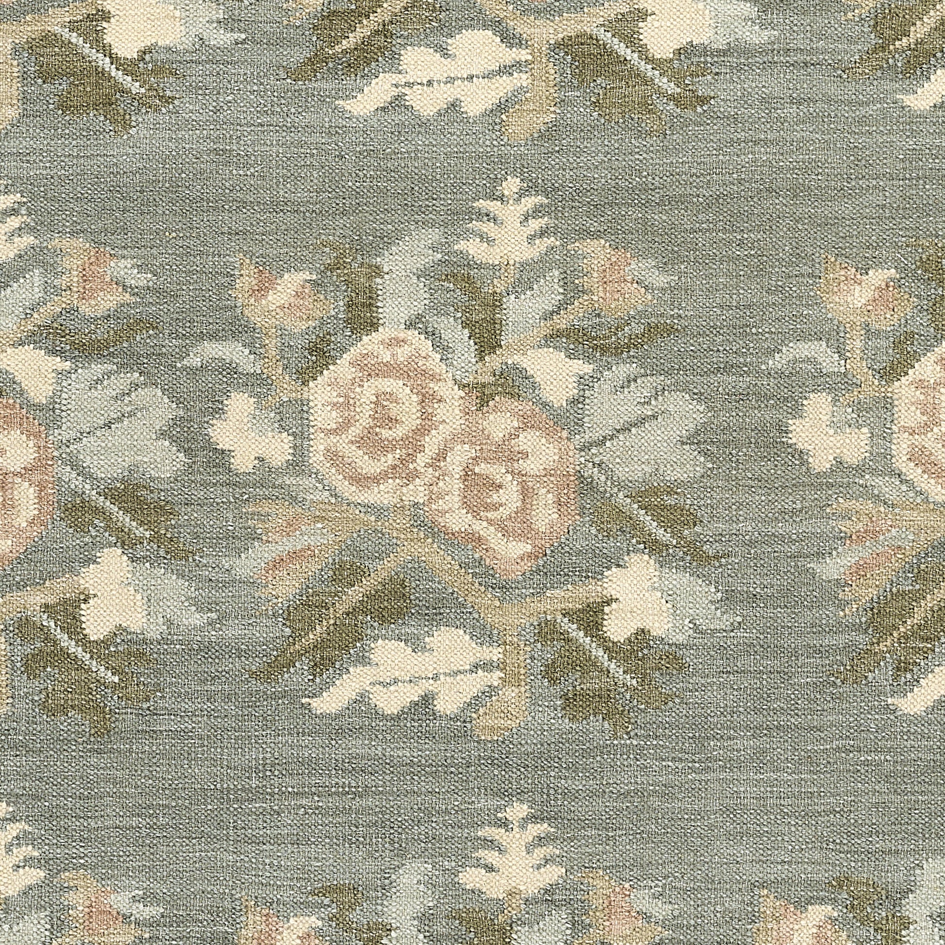 Blue-gray damask floral rug with pale pink roses & ivory leaves; vintage upholstery rug style.