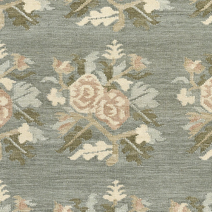 Blue-gray floral jacquard rug with pale pink roses & cream leaves; vintage damask-style rug.