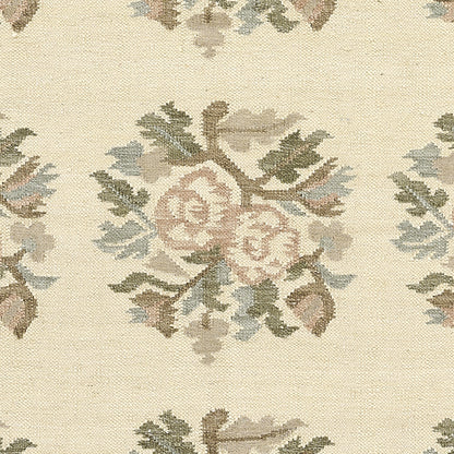 Cream woven fabric with pastel floral damask; pink rose with green leaves and blue-gray accents, repeating motif.