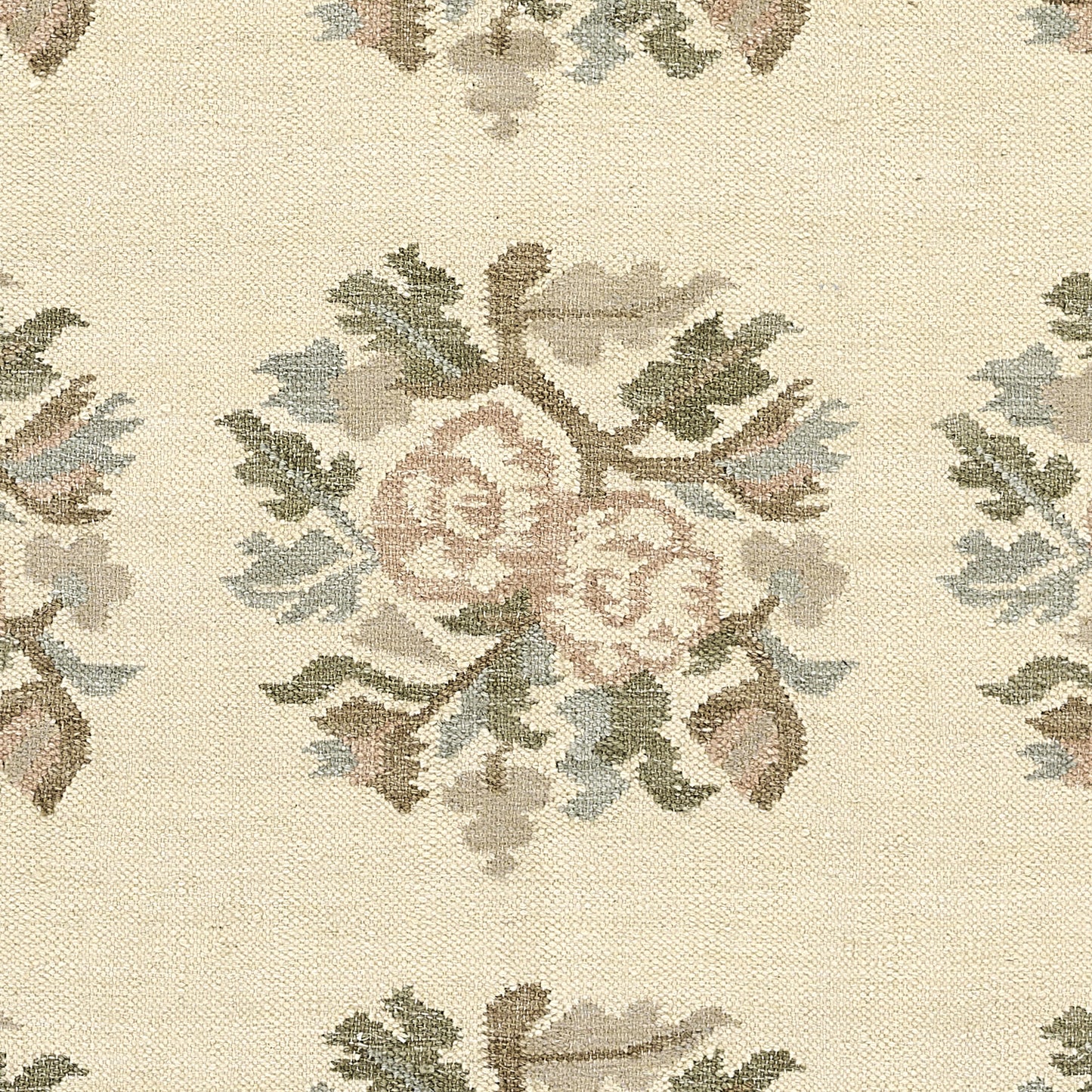 Beige damask floral rug with pastel pink roses, green leaves and blue-gray accents.