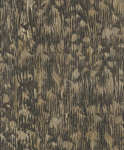 Abstract camo-inspired brushstroke pattern on textured wallpaper in tan, brown and black
