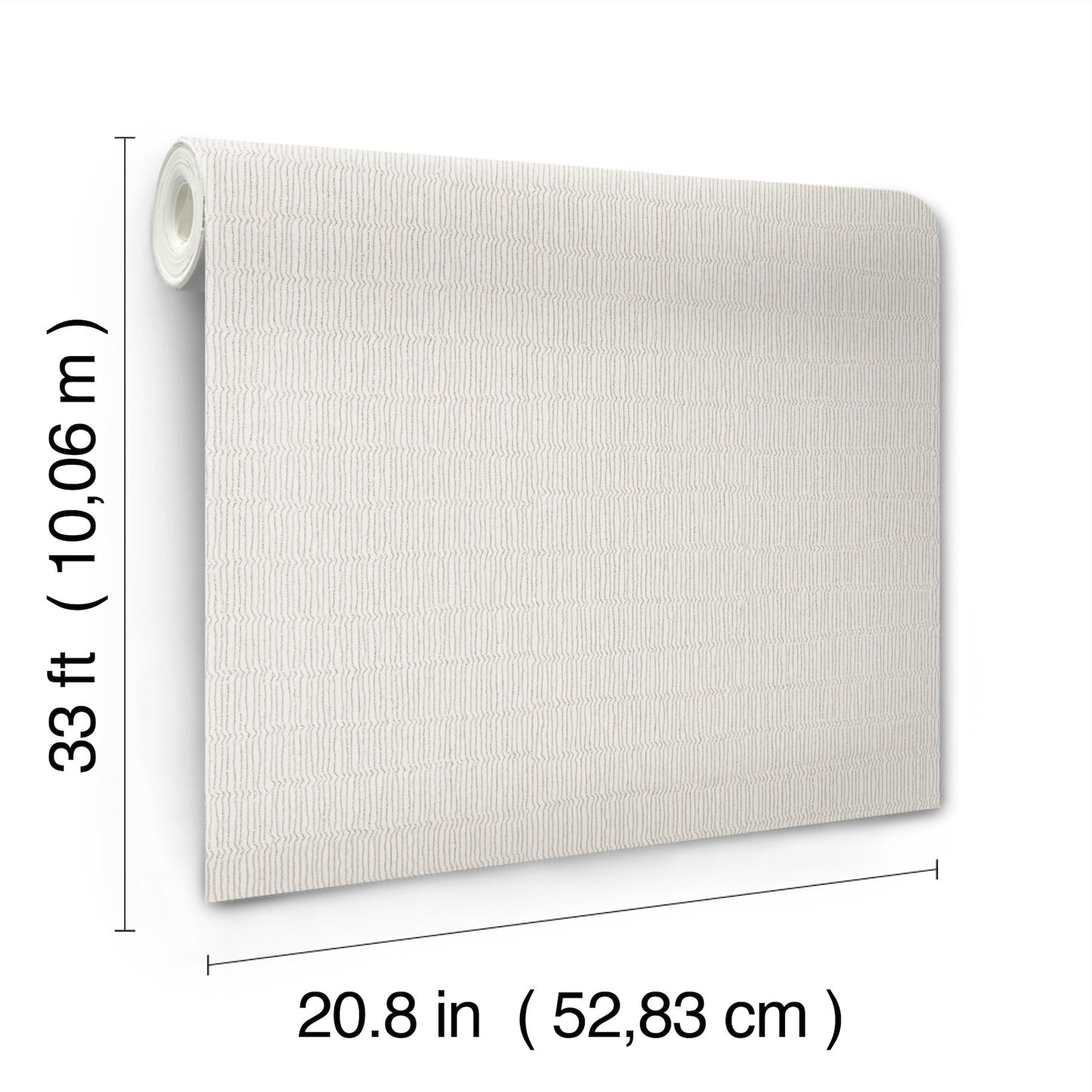 White textured wallpaper roll with linen-like pattern, 20.8 in wide, 33 ft long.