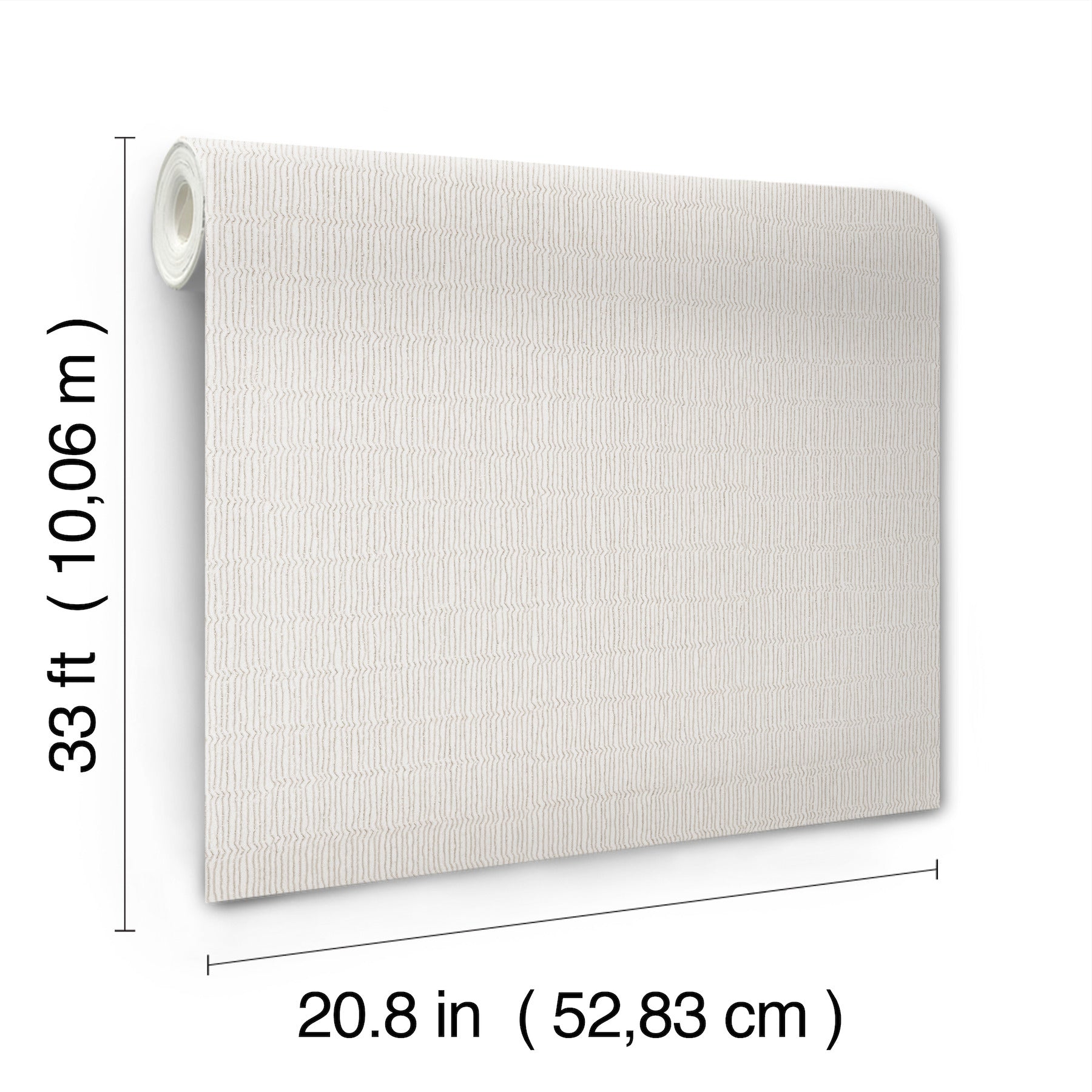 White textured wallpaper roll with linen-like pattern, 20.8 in wide, 33 ft long.