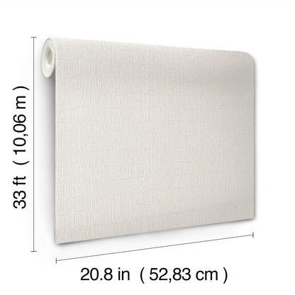 White textured wallpaper roll with linen-like pattern, 20.8 in wide, 33 ft long.