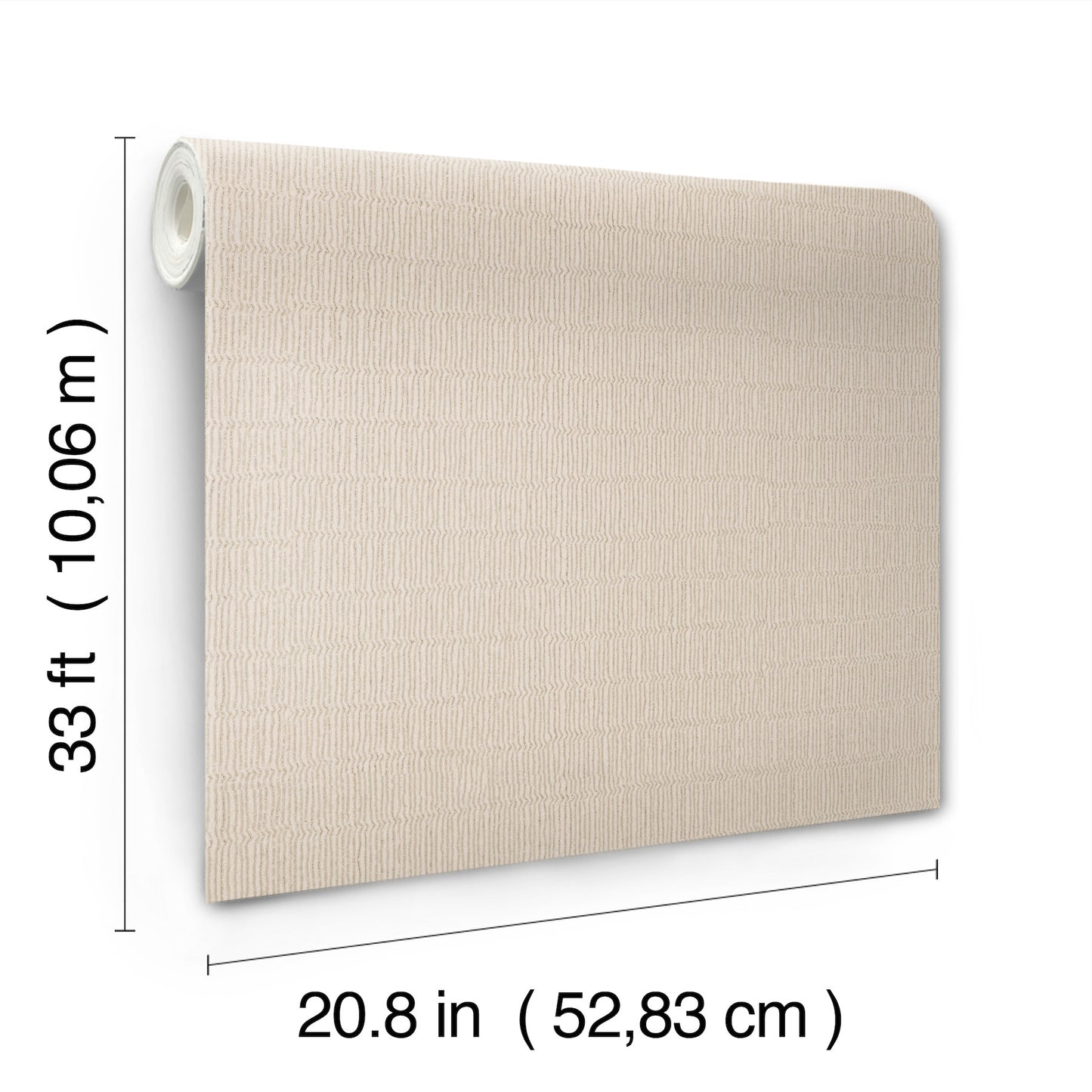 Beige textured wallpaper roll, unrolled to flat sheet; rolled edge on left, 33 ft by 20.8 in (10.06 m by 52.83 cm).