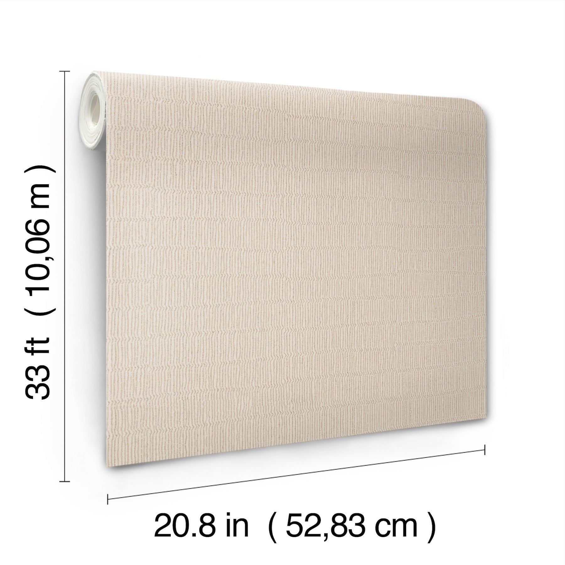 Beige textured wallpaper roll, unrolled to flat sheet; rolled edge on left, 33 ft by 20.8 in (10.06 m by 52.83 cm).