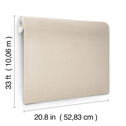 Beige textured wallpaper roll, unrolled to flat sheet; rolled edge on left, 33 ft by 20.8 in (10.06 m by 52.83 cm).
