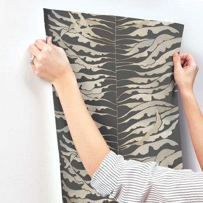 York Wallcoverings Formations Leaf Column Black Wallpaper Modern Botanical Beiges   - FM1042
