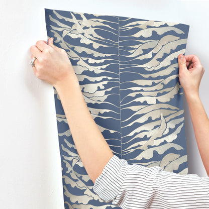 York Wallcoverings Formations Leaf Column Navy Wallpaper Modern Botanical Blues   - FM1043