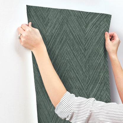 York Wallcoverings Formations Thatched Chevron Bottle Green Wallpaper Transitional Chevron Greens   - FM1054