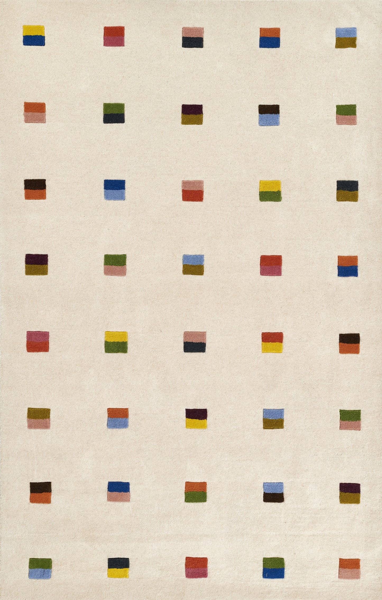 Abstract geometric print: cream background with a grid of small two-tone color swatches in varied hues.