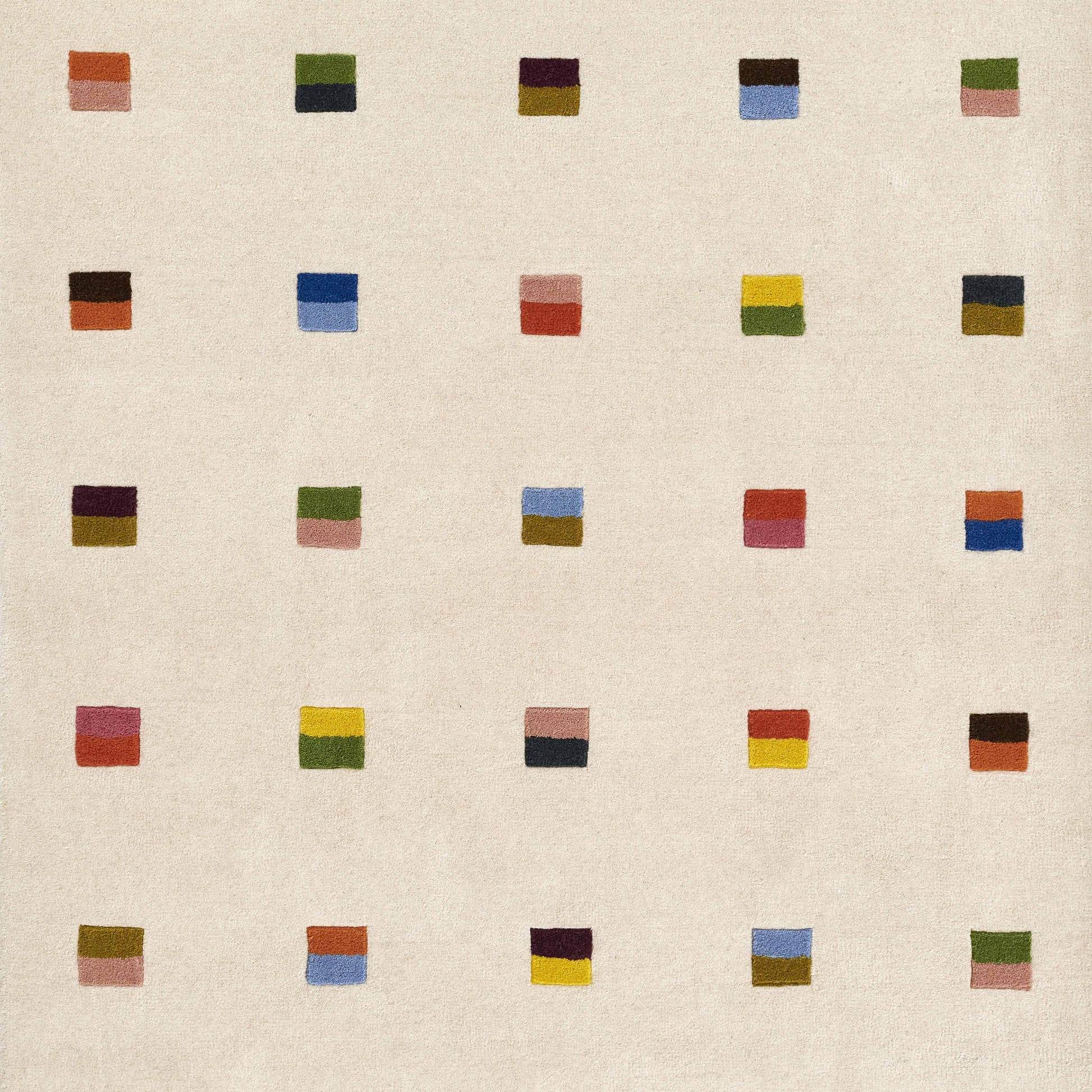 Abstract rug with a beige background featuring a grid of small two-tone horizontal rectangles in assorted colors, 7'10" x 10'.