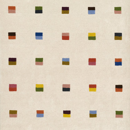 Beige textile rug runner featuring a grid of small two-tone color blocks in varied hues.