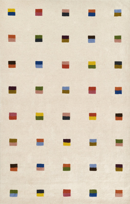 Abstract grid of small two-tone color bars across a cream textured background; minimalist geometric art.