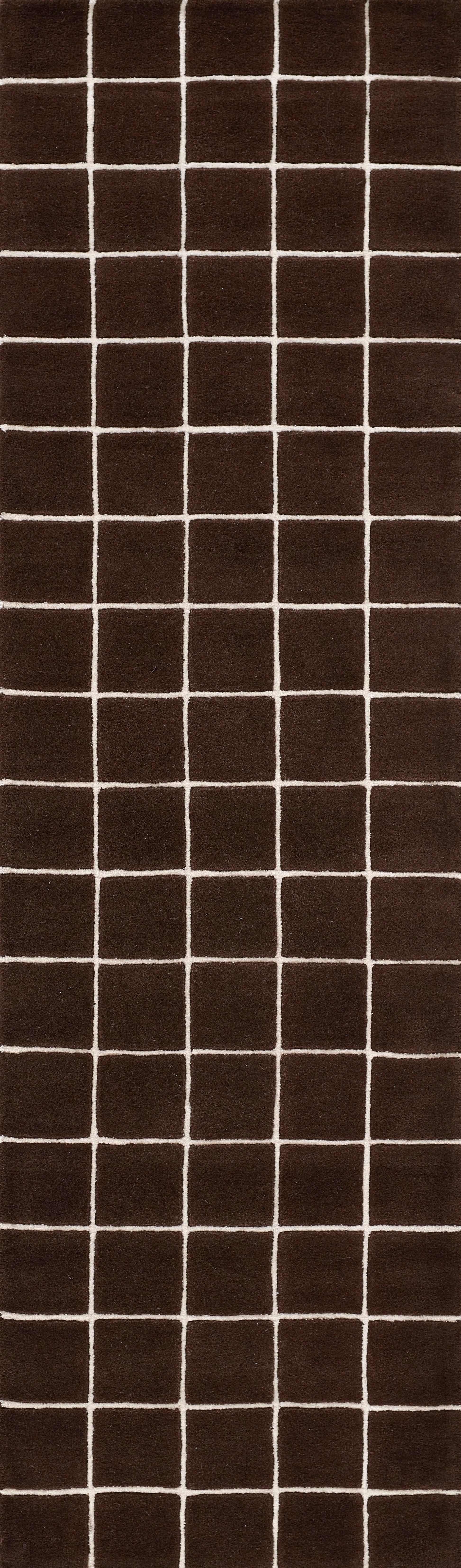 Dark brown grid pattern with white lines forming small square tiles; geometric, modern style.