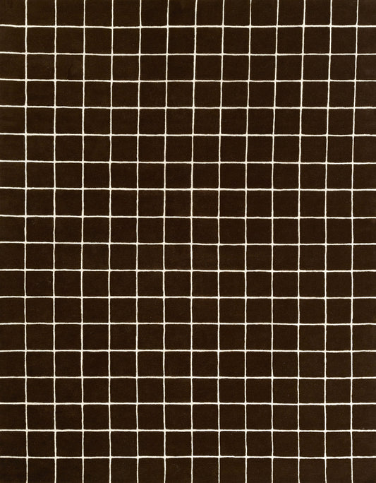 Brown square grid-pattern rug with white lines; 7'10" x 10'.