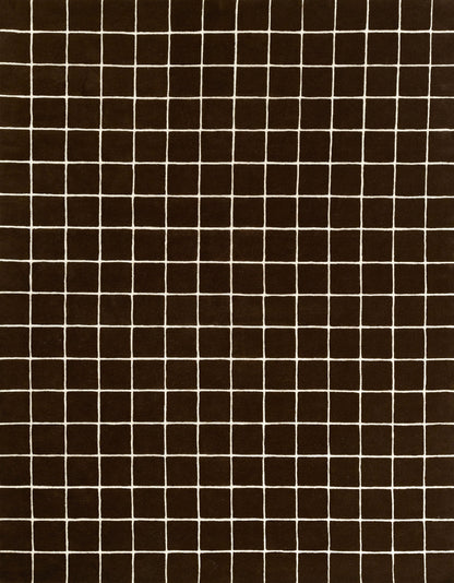 Brown ceramic tile grid with white grout lines, square pattern for a rustic geometric look.