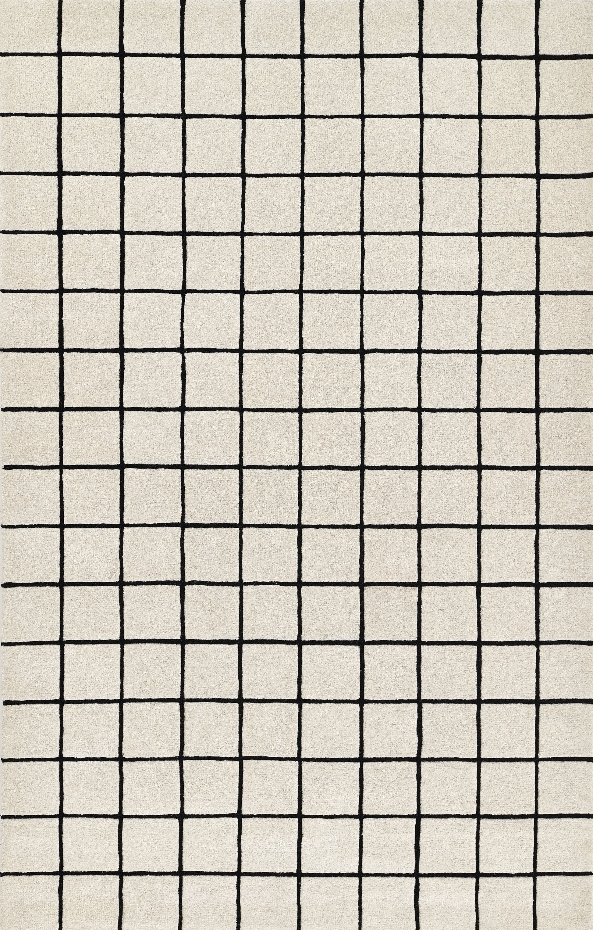 Beige rug with a uniform black grid forming small square checks, minimalist geometric pattern.