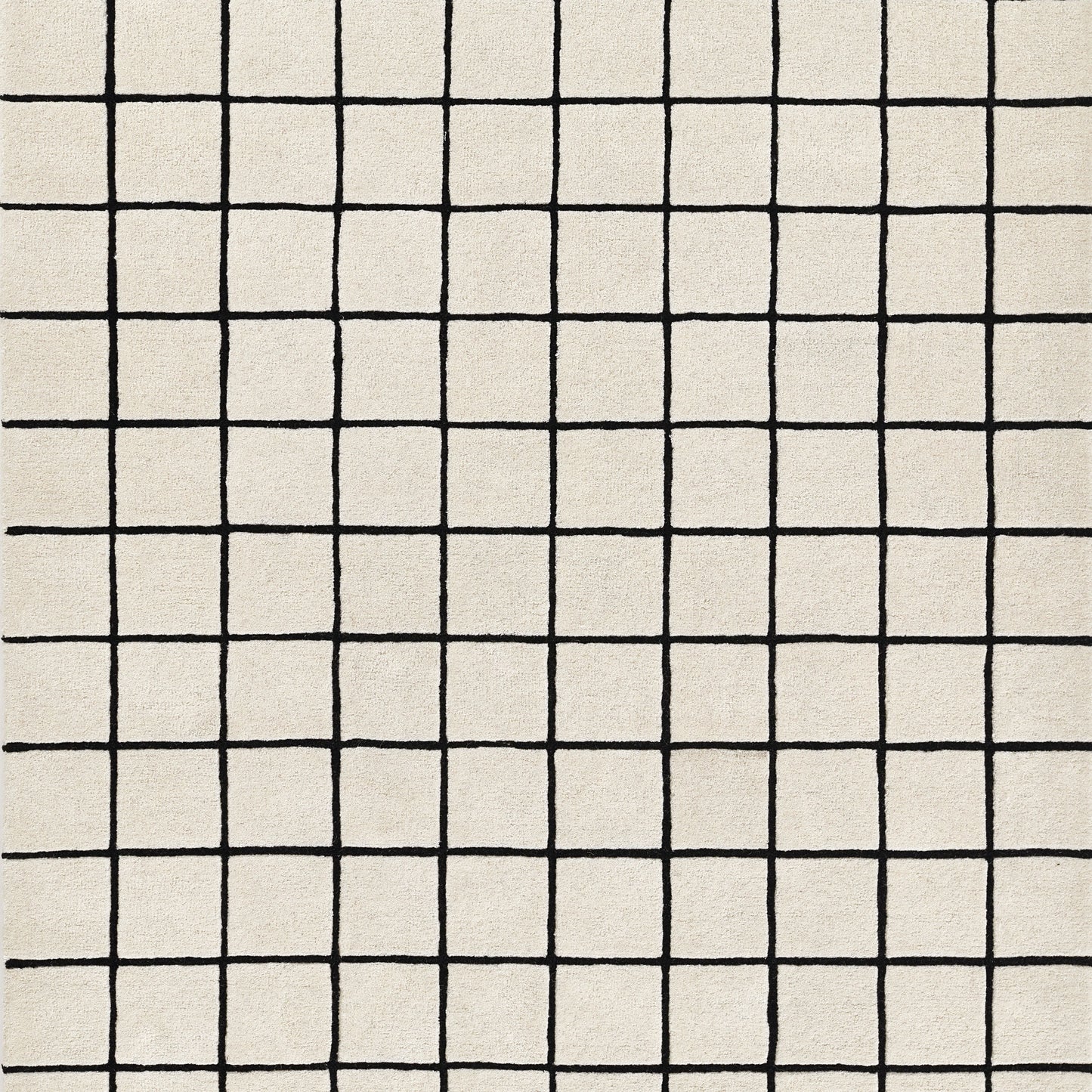 Beige rug with bold black grid lines forming an even square pattern, for a modern geometric look.