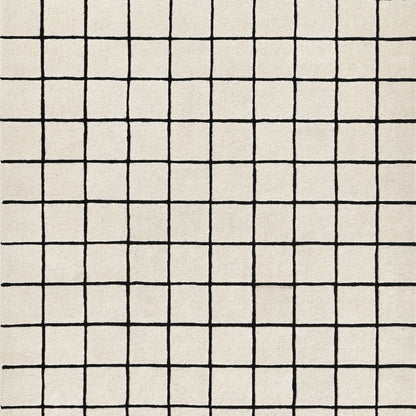 Cream rug with bold black grid lines; flat-weave, modern minimalist floor decor.