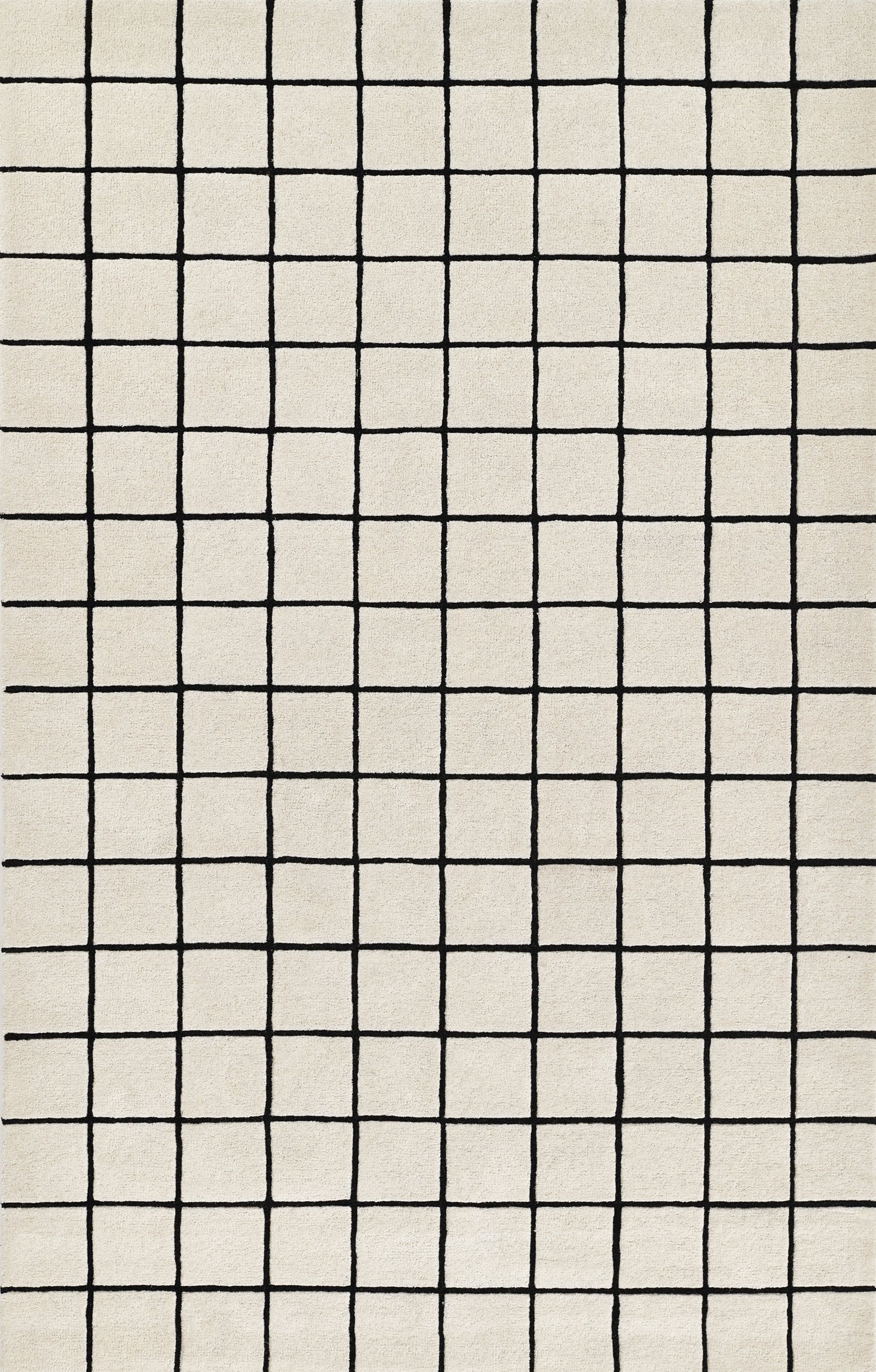 Beige woven fabric with a bold black square grid pattern; minimalist, versatile textile for throws, rugs, or upholstery.