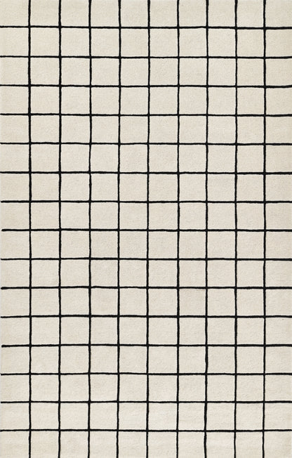 Beige rug with a black grid pattern forming even squares; minimalist geometric design.