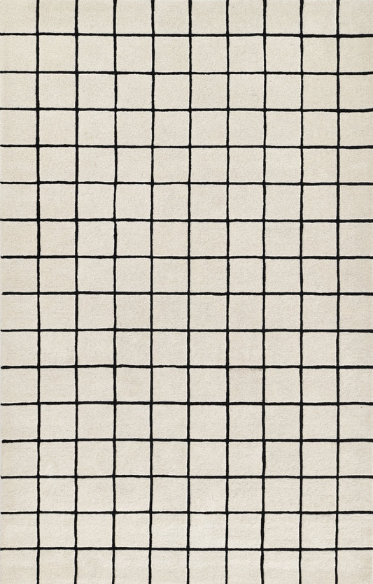 Beige rug with a black grid pattern forming even squares; minimalist geometric design.