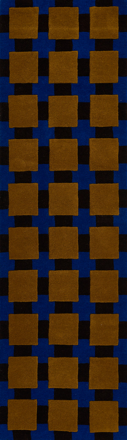 Orange-brown square tiles in a grid on a dark blue backdrop; bold geometric pattern.