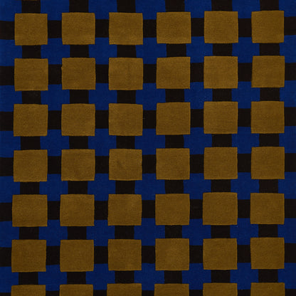 Brown square patches on a deep blue background in a repeating grid; geometric woven fabric pattern for upholstery.